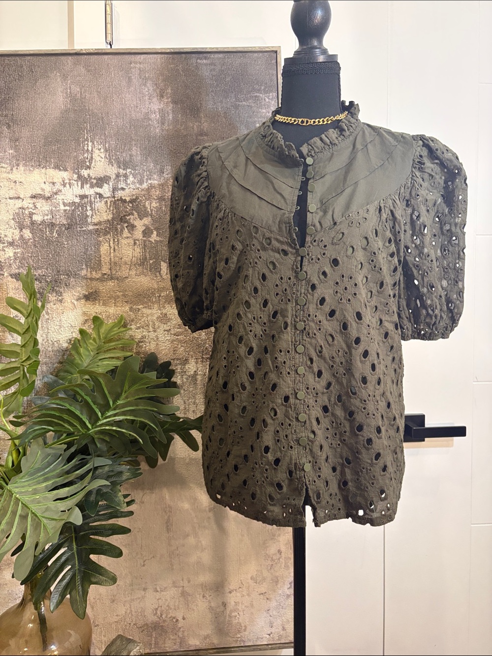 100% Cotton Olive Eyelet Puff Sleeve Button-Front Top